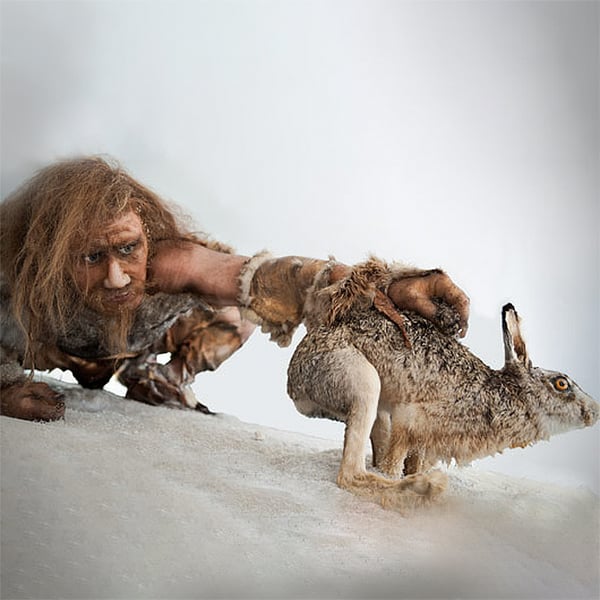 Caveman catching a rabbit